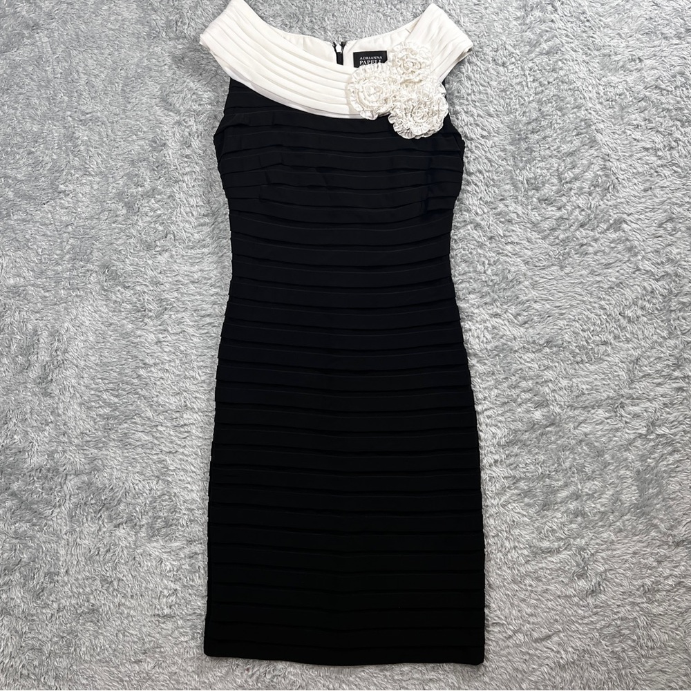Adrianna Papell Black and White Asymmetrical Sheath Dress